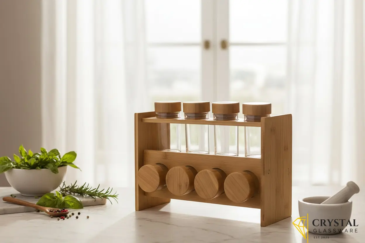  2-tier Billi bamboo spice rack featuring glass jars with wooden lids